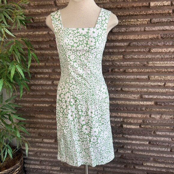 Vintage 70s Handmade Green and White Floral Square Neck Sheath Dress - Picture 4 of 7